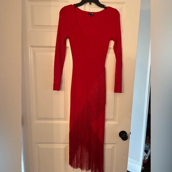 fashion nova red fringe dress NUG Z2205 FLUORESCENT RED FRINGE LATIN DRESS – Notably Unique
